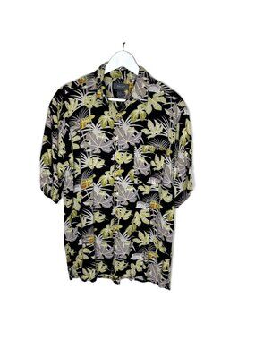 Vintage 90s Black Rayon Short Sleeve Hawaiian Shirt, Woody Station Wagon, Large